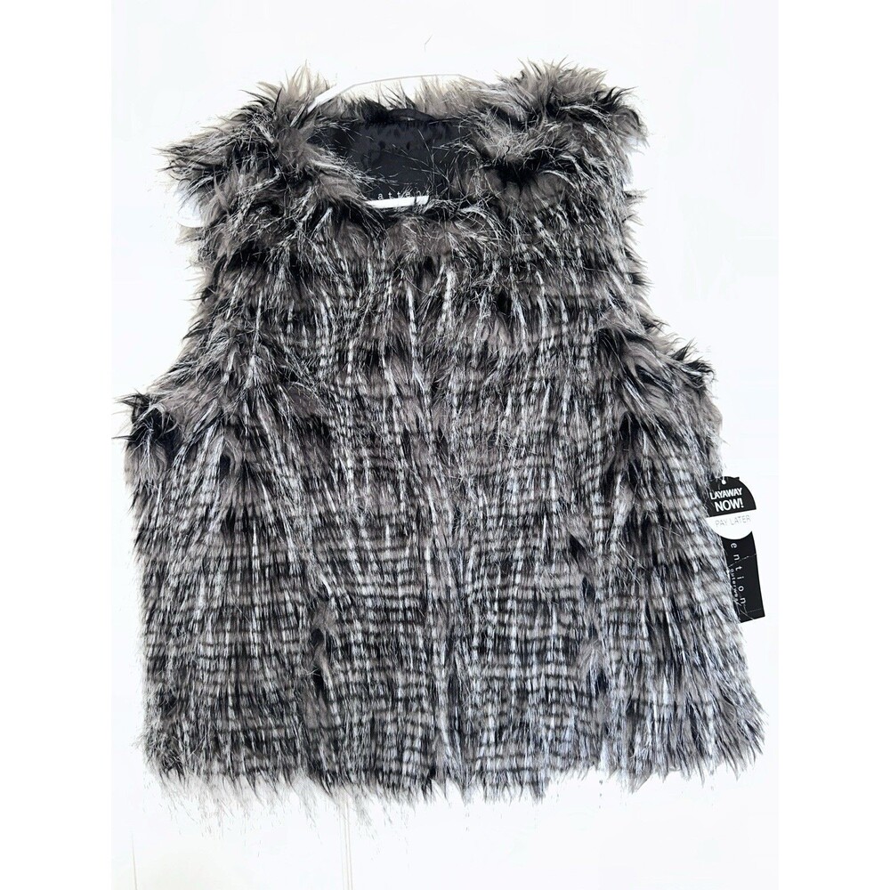 Attention Outerwear Plaid Faux Fur Accent Lined Open Front Vest Gray Sz M